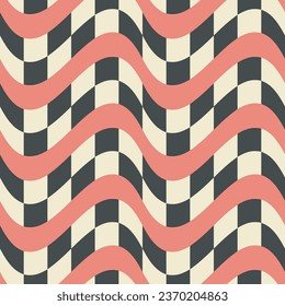 Checkered wave line abstract seamless pattern swatch. Decorative geometrical grid. Black, cream white, red vintage colours palette. Graphical ornamental backrgound. Vector illustration