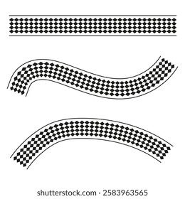 Checkered wave ribbons. Racing stripe borders. Curved vector patterns. Bold black motif.