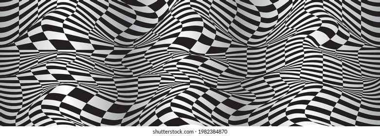 Tablero de olas de cuadros. Resumen 3d ilusiones en blanco y negro. Patrón o fondo con efecto de distorsión ondulada. Ilustración del vector