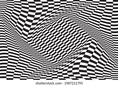 Checkered waves board. Abstract 3d black and white illusions. Pattern or background with wavy distortion effect. Vector illustration