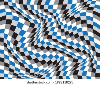 Checkered waves board. Abstract 3d illusions. Pattern or background with wavy distortion effect. Vector illustration