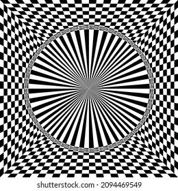 Checkered waves board. Abstract 3d black and white illusions. Pattern or background with wavy distortion effect. Vector illustration