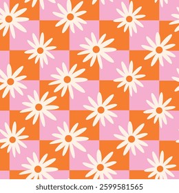 Checkered white daisies seamless pattern on pink and orange checkerboards. For wrapping paper, fabric and stationery 