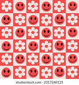 Checkered white flowers and red happy faces seamless pattern. For stationary, home decor and fabric 