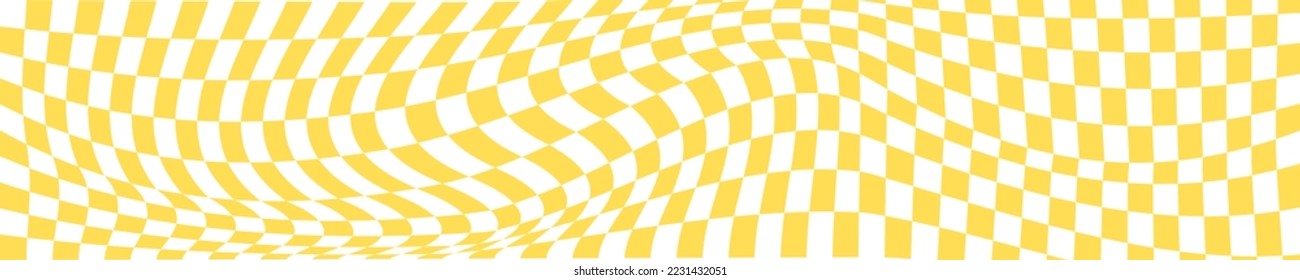 Checkered white and orange chessboard background with distortion. Psychedelic pattern with warped squares. Optical illusion effect. Trippy checker board texture. Vector flat illustration