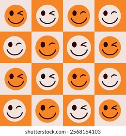 Checkered Winking faces on orange and white checkerboards seamless pattern. For fabric, wrapping paper and textile 