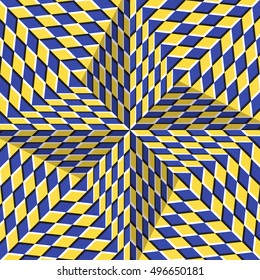 Checkered yellow blue four pointed star. Optical motion illusion abstract background.