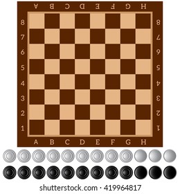 Checkers. Ancient Intellectual board game. Chess board. White and black chips. Isolated objects. Vector Image.