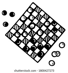 A checkers board game. The game of checkers started. Hand draw doodle style. Black contours isolated on a white background. Vector stock illustration.