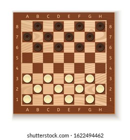 Checkers and chess board. White and black chips placed on the board. Ancient Intellectual board game. Vector illustration