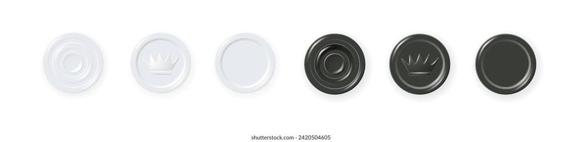 Checkers chips. 3d realistic round badge with circle convex lines on surface and shadow to play on checkerboard. Vector