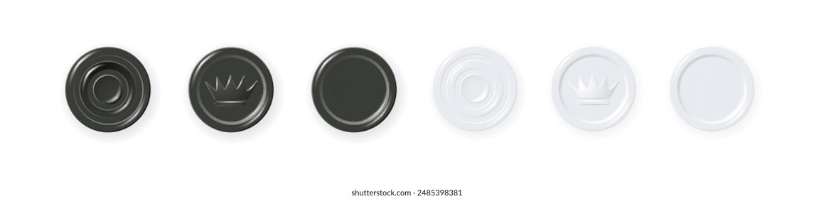 Checkers chips. 3d realistic round badge with circle convex lines on surface and shadow to play on checkerboard. Vector