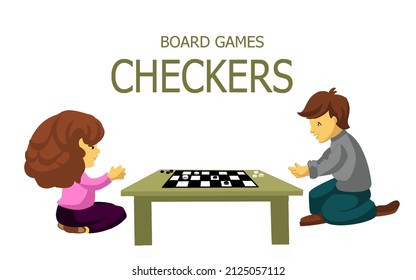 Checkers game poster design, board games concept illustration, two children playing checkers in cartoon style. Vector