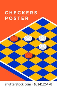 Checkers Game Poster Design. Minimal Sport Cover Template. Vector Isometric Illustration.