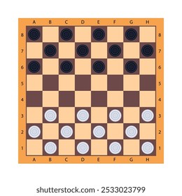 Checkers. Intellectual board game. Chess board. White and black chips. Vector illustration