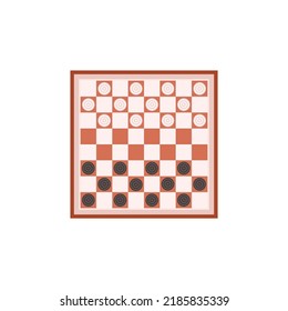 Checkers intellectual tabletop game flat style, vector illustration isolated on white background. White and black checkers figure on wooden board, top view