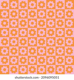 checkers seamless pattern with geometric flowers. Simple and trendy flat vector illustration in retro style. Colorful background, checkerboard, 60s, 70s, hippie aesthetic