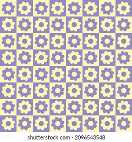 checkers seamless pattern with geometric flowers. Simple and trendy flat vector illustration in retro style. Colorful background, checkerboard, 60s, 70s, hippie aesthetic