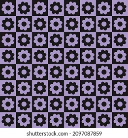 Schachbrettmuster nahtlos mit geometrischen Blumen. Einfache und trendige flache Vektorgrafik im Retro-Stil. Farbiger Hintergrund, Schachbrett, 60er, 70er, Nilpferde-Ästhetik