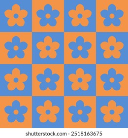checkers seamless pattern with geometric flowers. Simple and trendy flat vector illustration in retro style. orange and blue background, checkerboard, 60s, 70s, hippie aestheti