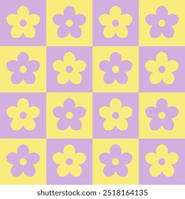 Schachbretter nahtloses Muster mit geometrischen Blumen. Einfache und trendige flache Vektorgrafik im Retro-Stil. gelber und violetter Hintergrund, Schachbrett, 60er, 70er Jahre, Hippie-Ästhetik