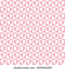 checkers seamless pattern with geometric hearts. Simple and trendy flat vector illustration in retro style. Colorful background, checkerboard, 60s, 70s, hippie aesthetic