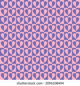 checkers seamless pattern with geometric hearts. Simple and trendy flat vector illustration in retro style. Colorful background, checkerboard, 60s, 70s, hippie aesthetic