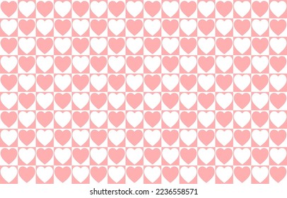 checkers seamless pattern with geometric hearts. Simple and trendy flat vector illustration in retro style. Colorful background, checkerboard.