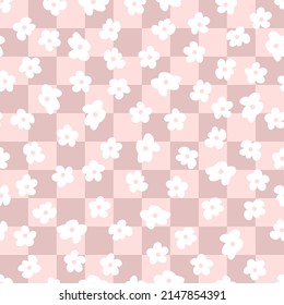 Checkers seamless pattern with simple flowers in 1970s style. Floral background for T-shirt, poster, card and print. Doodle vector illustration for decor and design.
