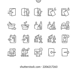 Checkin and  checkout. Hotel, room. Checkout date. Check in for flight abroad. Online checkin. Pixel Perfect Vector Thin Line Icons. Simple Minimal Pictogram