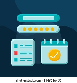 Check-in and check-out term flat concept vector icon. Booking hotel idea cartoon color illustrations set. Self-planned travel. Calendar, arrival and departure date. Isolated graphic design element