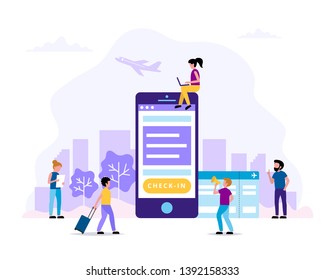 Check-in, concept illustration with smartphone, boarding pass. Small people doing various tasks. Vector illustration in flat style