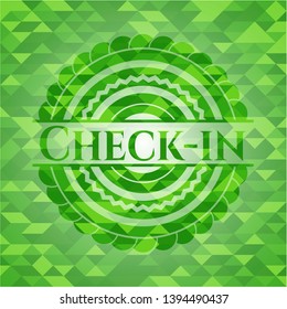 Check-in green emblem with mosaic background. Vector Illustration. Detailed.