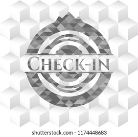 Check-in grey badge with geometric cube white background