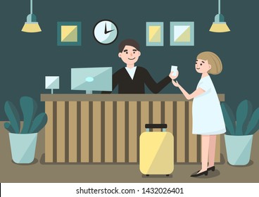 Check-in hotel reception desk modern illustration with business woman or tourists. Smiling man receptionist meets guest and gives keys. Vector character in flat style. Vector illustration.