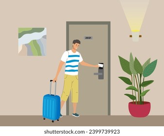 Check-in to a hotel room. A man in summer clothes, tourist with a suitcase moves into a hotel room, opens the door of the room with an electronic key. Hotel corridor interior.