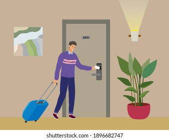 Registro de entrada a una habitación de hotel. Un hombre, un turista con una maleta se traslada a una habitación de hotel, abre la puerta de la habitación con una llave electrónica. El pasillo interior del hotel. Ilustración vectorial plana. 