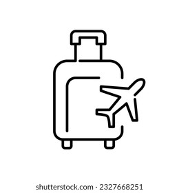 Check-in luggage for a flight. Suitcase with a plane. Pixel perfect, editable stroke