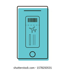 Check-in on mobile device. Electronic airplane ticket. Barcode scanning. Buying tickets online. Design element. Vector illustration. Icon with shadow isolated on white background.