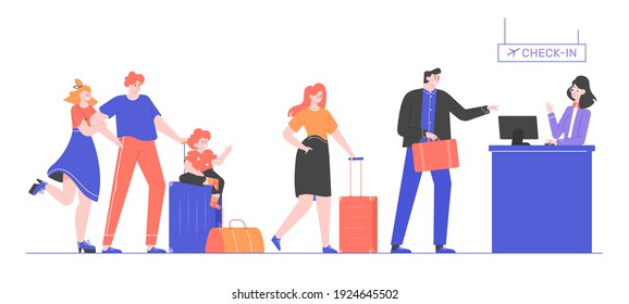 Check-in Of Passengers For The Flight. People Are Queuing Up To Check In For A Flight On An Airplane. Family, A Girl With A Suitcase And A Businessman. Airport Worker At The Counter. Vector Flat.