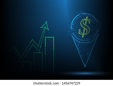 Checkin Dollar​ Position With​ Bullish​ Divergence​ Bar​ Chart​ For​ Stock​ Form Lines, Triangles And Particle Style Design​ On Blue​ Black​ Background.