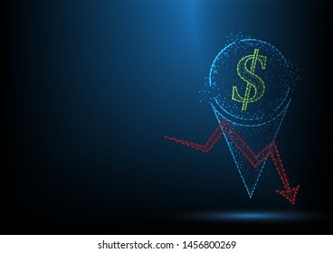 Checkin dollar​ position with​ red arrow bearish divergence​ for​ stock​ f​rom lines, triangles and particle style design​ on blue​ black​ background.
