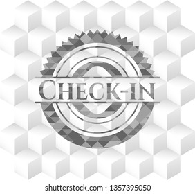 Check-in realistic grey emblem with geometric cube white background