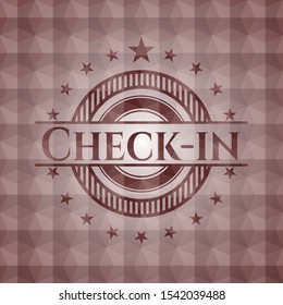 Check-in red seamless badge with geometric background.