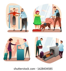 Check-in and security people scenes cartoon set. Man and woman with baggage, passport, tickets, boarding pass. Guard, waiting hall and registration. Travel and tourist. Vector airport illustration