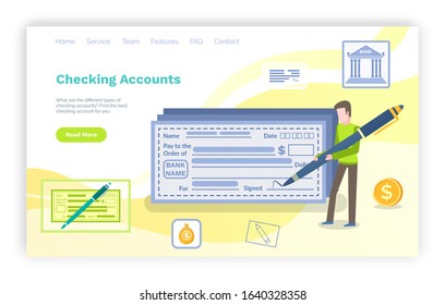 Checking accounts vector, male with pig pen signing bill check, banking institution for money trust. Male with forms and dollars in small bag. Website or webpage template, landing page flat style