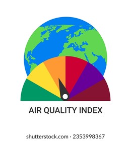 Comprobación del índice de calidad del aire. Infografía con índice de calidad del aire en el fondo de la Tierra. Ilustración de arte vectorial.