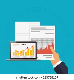 Checking analyzes illustration laptop and blue background