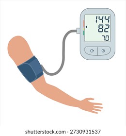 Checking arterial blood pressure digital device tonometer. Electronic blood pressure monitor. Hypertension, hypotension disease. Healthcare concept. Vector illustration flat design. Medical equipment. Monitoring health.