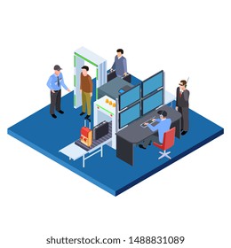 Checking baggage and people, security service isometric vector illustration